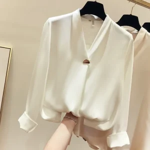 Women's Shirt Spring Autumn Fashion V-Neck Long Sleeve Blouses Female Shirts Blouse Basic Ladies Tops OL Women Clothing 3XL