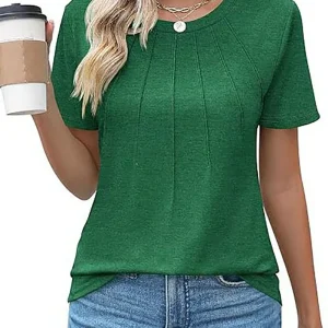 Women's Clothing European American T-shirt Tops Tees spring summer women's round neck pleated short sleeved solid color T-Shirts