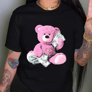 Bear Print Crew Neck T-Shirt, Casual Short Sleeve Top For Spring & Summer, Women's Clothing