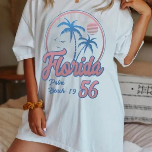 Florida56 Graphic Tops Coconut Tree Print T-Shirt Casual Crew Neck Short Sleeve T-Shirt Vintage Women's Clothing Oversized